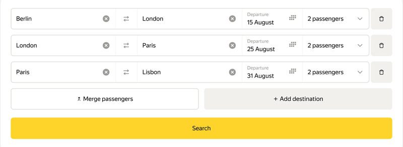 Complex route form where the&nbsp;number of&nbsp;passengers is&nbsp;set for&nbsp;each&nbsp;flight, with&nbsp;the&nbsp;Merge passengers button