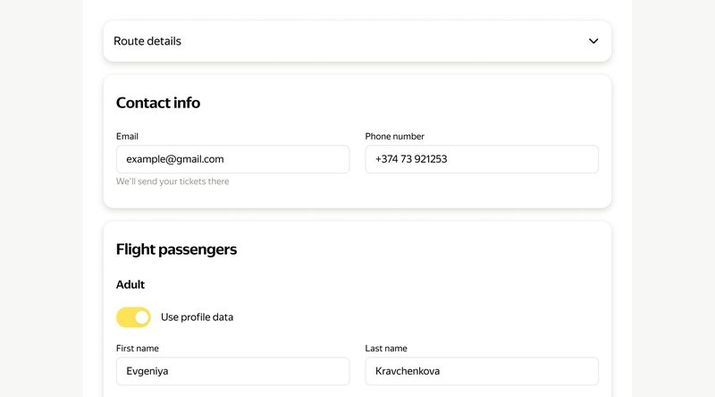Checkout: the&nbsp;Route details section, buyer contact info and&nbsp;passenger data with&nbsp;the&nbsp;Use profile data switch