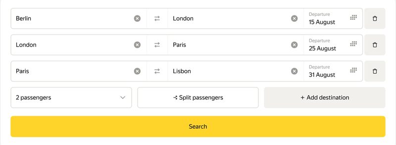 Complex route form with&nbsp;three flights, one number of&nbsp;passengers for&nbsp;the&nbsp;whole route and&nbsp;the&nbsp;Split passengers button