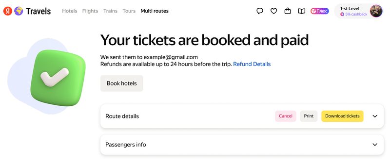 Payment success screen: the&nbsp;tickets are booked, with&nbsp;Book hotels and&nbsp;Download tickets buttons, route details and&nbsp;passenger info