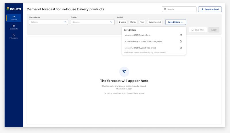 The&nbsp;open list of&nbsp;saved filters with&nbsp;names built from&nbsp;city, store ID and&nbsp;product, and&nbsp;the&nbsp;empty forecast screen below it
