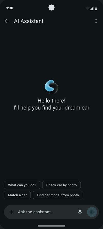 AI assistant screen: the&nbsp;greeting ‘I’ll help you find your&nbsp;dream car’ and&nbsp;the&nbsp;suggestions ‘Check car by&nbsp;photo’ and&nbsp;‘Match a&nbsp;car’