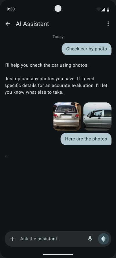 The&nbsp;‘Check car by&nbsp;photo’ request: the&nbsp;assistant asks for&nbsp;photos, and&nbsp;the&nbsp;user sends two photos of&nbsp;the&nbsp;car