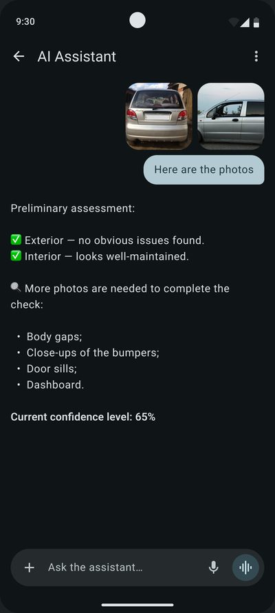 Preliminary assessment: no&nbsp;obvious issues with&nbsp;the&nbsp;exterior and&nbsp;interior, and&nbsp;photos of&nbsp;body gaps, bumpers, door sills and&nbsp;the&nbsp;dashboard are needed to&nbsp;finish the&nbsp;check. Confidence level 65%