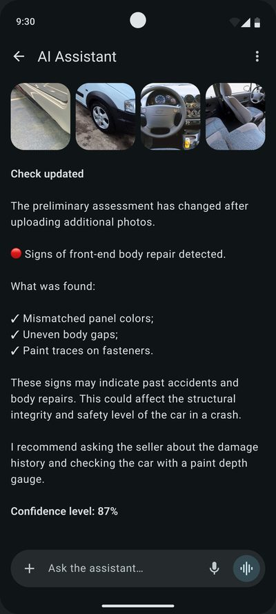 Check updated after&nbsp;new photos: signs of&nbsp;front-end body repair found, the&nbsp;assistant recommends asking the&nbsp;seller about&nbsp;the&nbsp;damage history. Confidence level 87%
