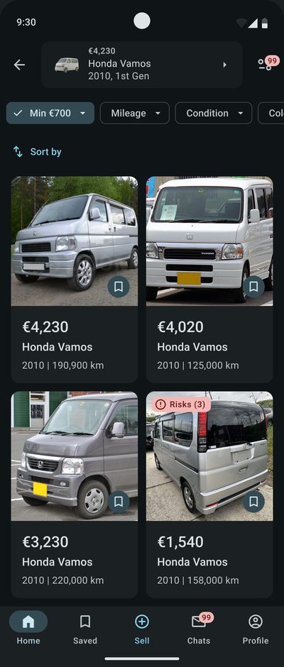 Similar listings of&nbsp;the&nbsp;same model: four Honda Vamos cars with&nbsp;different prices and&nbsp;mileage, one with&nbsp;a&nbsp;‘Risks (3)’ tag