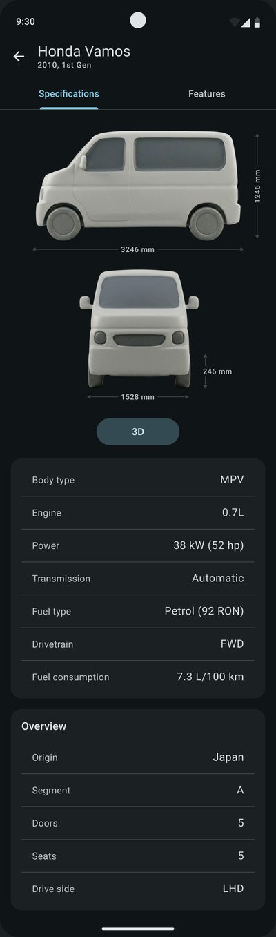 The&nbsp;‘Specifications’ tab: a&nbsp;3D model of&nbsp;the&nbsp;car with&nbsp;its&nbsp;dimensions, then body type, engine, power, transmission, fuel type, drivetrain and&nbsp;fuel consumption