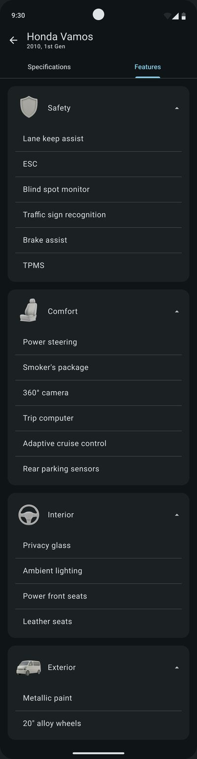 The&nbsp;‘Features’ tab by&nbsp;category: safety, comfort, interior and&nbsp;exterior