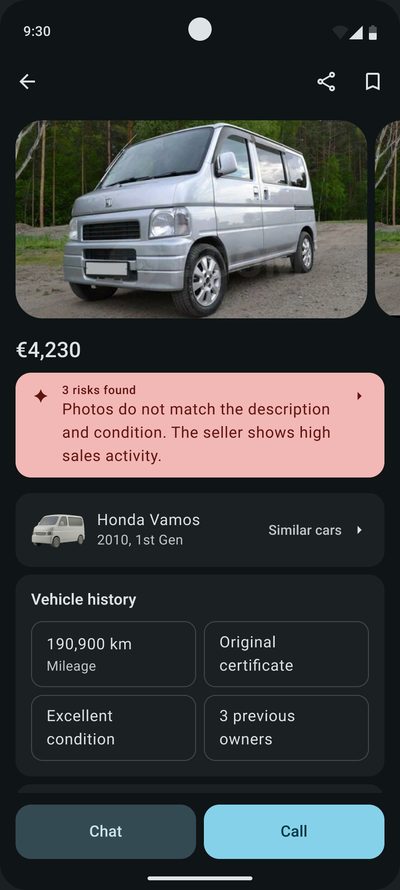 The&nbsp;same listing with&nbsp;the&nbsp;red ‘3&nbsp;risks found’ status: photos do not match the&nbsp;description, and&nbsp;the&nbsp;seller shows high sales activity