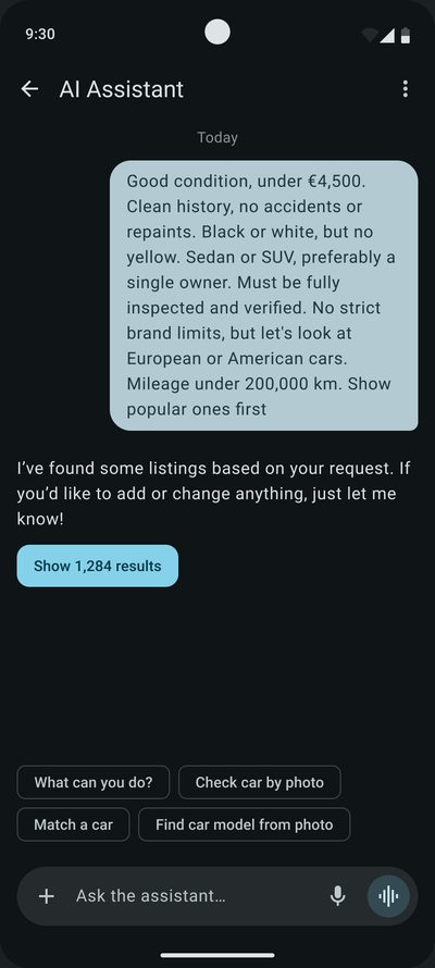 Chat with&nbsp;the&nbsp;AI assistant: the&nbsp;user’s request, the&nbsp;reply about&nbsp;the&nbsp;listings found and&nbsp;the&nbsp;‘Show 1,284&nbsp;results’ button