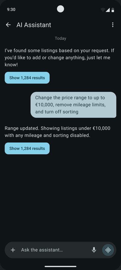 The&nbsp;AI assistant updated the&nbsp;range to&nbsp;listings under&nbsp;€10,000&nbsp;with&nbsp;any&nbsp;mileage and&nbsp;sorting turned off, and&nbsp;offers to&nbsp;show the&nbsp;results