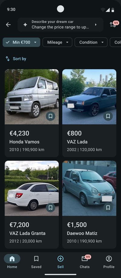 New results with&nbsp;the&nbsp;‘Min €700’ filter: Honda Vamos, VAZ Lada, VAZ Lada Granta and&nbsp;Daewoo Matiz