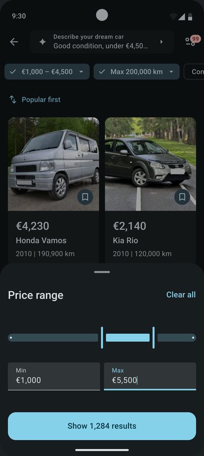 The&nbsp;‘Price range’ sheet over&nbsp;the&nbsp;results: a&nbsp;slider, ‘Min’ and&nbsp;‘Max’ fields and&nbsp;the&nbsp;‘Show 1,284&nbsp;results’ button