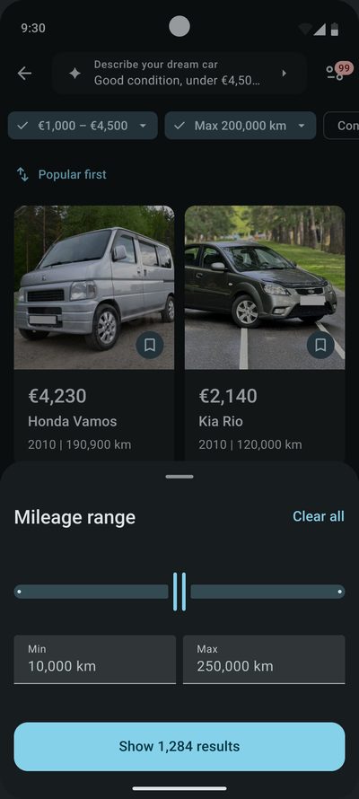 The&nbsp;‘Mileage range’ sheet over&nbsp;the&nbsp;results: a&nbsp;slider and&nbsp;fields from&nbsp;10,000&nbsp;to&nbsp;250,000&nbsp;km