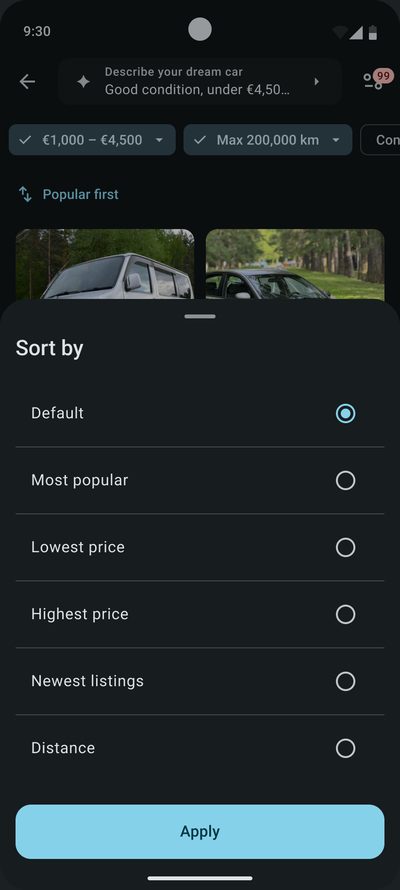 The&nbsp;‘Sort by’ sheet: default, most popular, lowest price, highest price, newest listings and&nbsp;distance