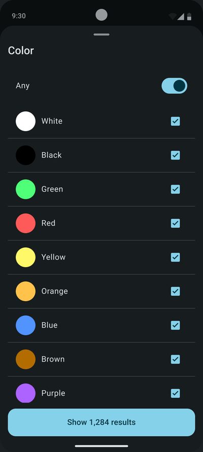 The&nbsp;‘Color’ sheet: an&nbsp;‘Any’ switch and&nbsp;a&nbsp;list of&nbsp;colors with&nbsp;checkboxes