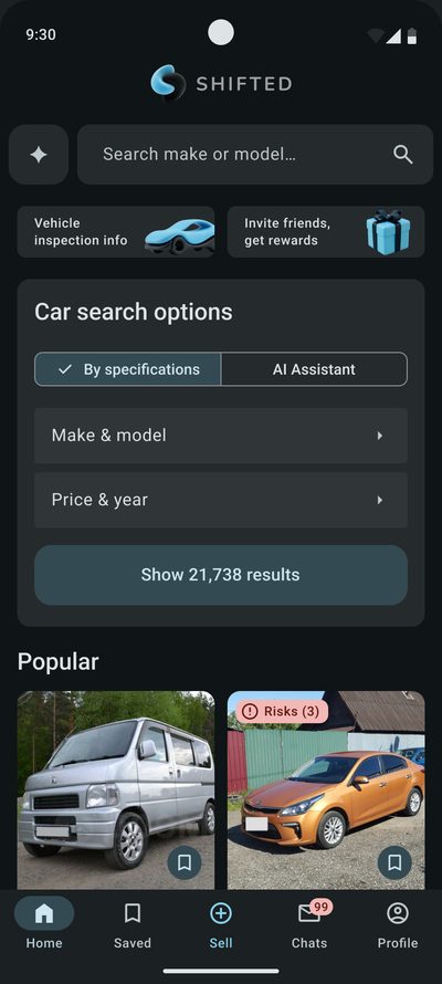 Home screen: a&nbsp;search bar, the&nbsp;‘Car search options’ block with&nbsp;a&nbsp;switch between&nbsp;‘By specifications’ and&nbsp;‘AI Assistant’, and&nbsp;popular listings below