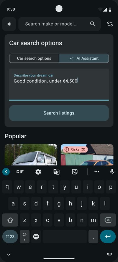 ‘Car search options’ in&nbsp;‘AI Assistant’ mode: a&nbsp;request is&nbsp;being typed into&nbsp;the&nbsp;‘Describe your&nbsp;dream car’ field, the&nbsp;keyboard is&nbsp;open