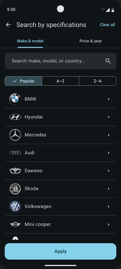 ‘Search by&nbsp;specifications’, the&nbsp;‘Make & model’ tab: a&nbsp;search field and&nbsp;a&nbsp;list of&nbsp;makes, BMW, Hyundai, Mercedes and&nbsp;others, with&nbsp;the&nbsp;‘Apply’ button