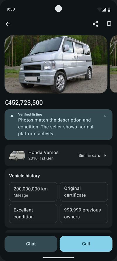 The&nbsp;same card with&nbsp;extreme values: the&nbsp;price €452,723,500, mileage 200,000,000&nbsp;km and&nbsp;999,999&nbsp;previous owners fit without&nbsp;being cut off
