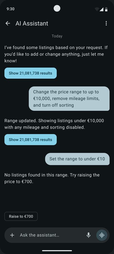 Chat with&nbsp;the&nbsp;AI assistant: there are no&nbsp;listings under&nbsp;€10, and&nbsp;the&nbsp;assistant suggests raising the&nbsp;price to&nbsp;€700