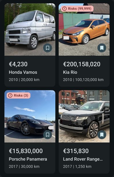 Results with&nbsp;extreme values: prices €200,158,020&nbsp;and&nbsp;€15,830,000, mileage 100,120,000&nbsp;km and&nbsp;a&nbsp;‘Risks (99,999)’ tag