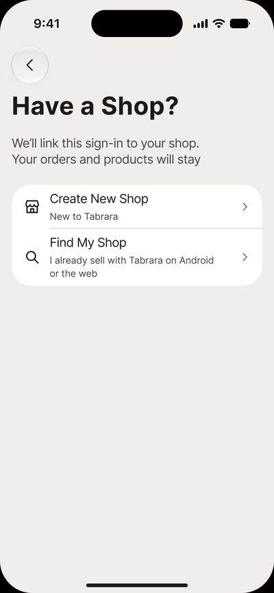 The&nbsp;“Have a&nbsp;Shop?” screen: create a&nbsp;new shop or&nbsp;find an&nbsp;existing one