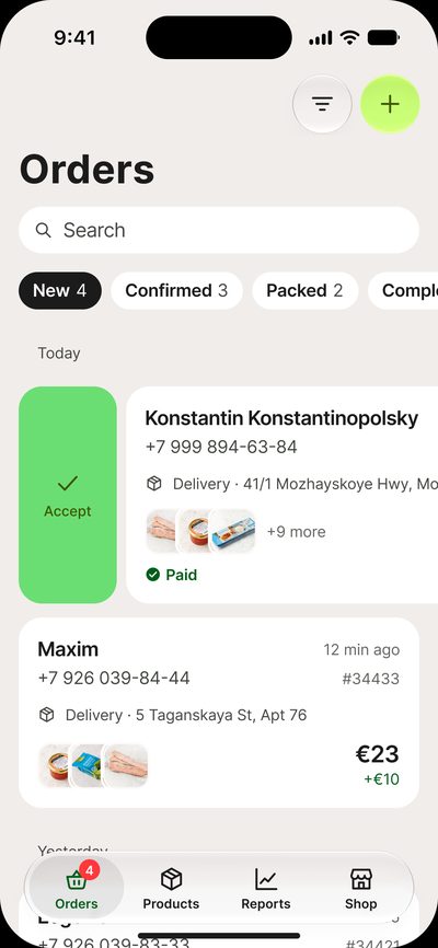 Order list: a&nbsp;new order swiped to&nbsp;the&nbsp;right to&nbsp;show Accept