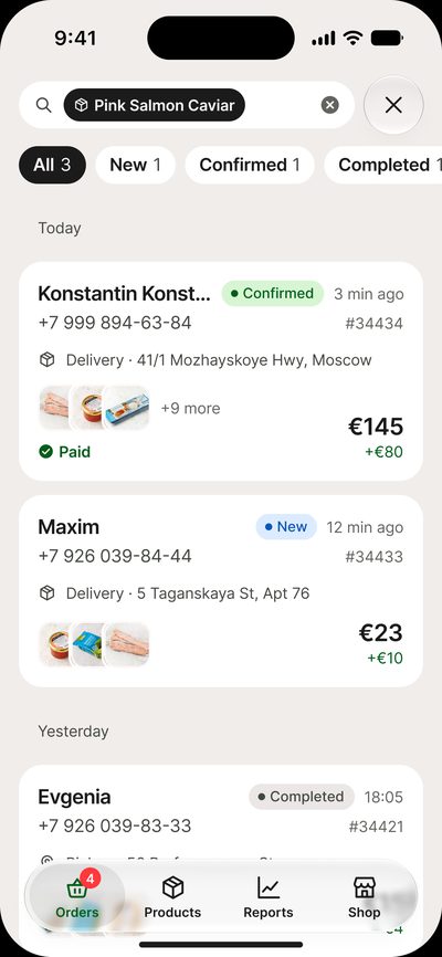 Order search with&nbsp;a&nbsp;row of&nbsp;status chips