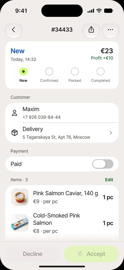 Order being accepted: the&nbsp;button shows progress