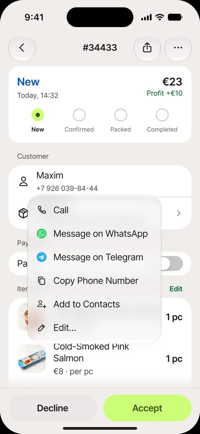Buyer menu in&nbsp;an&nbsp;order: call, message, copy the&nbsp;phone number, add to&nbsp;contacts