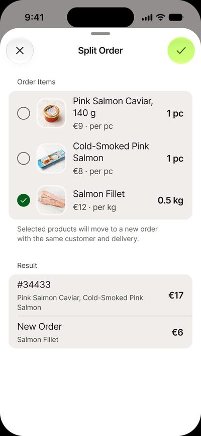 Split order: selected items with&nbsp;visible selection circles