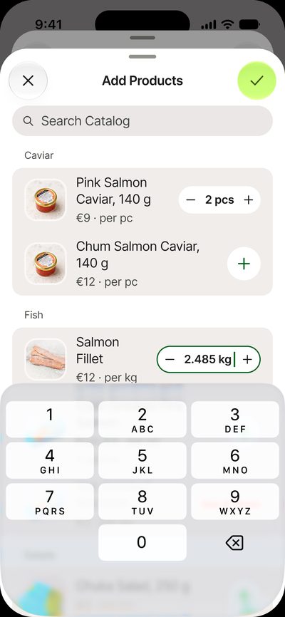 Adding items: weight with&nbsp;three decimals in&nbsp;the&nbsp;wide stepper and&nbsp;a&nbsp;number pad