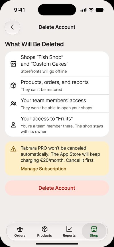 Account deletion: what will be deleted and&nbsp;a&nbsp;warning to&nbsp;cancel the&nbsp;App Store subscription separately
