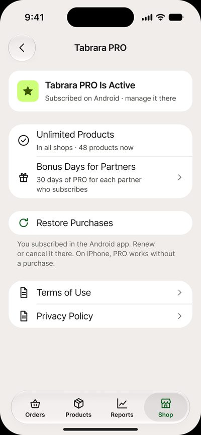 Tabrara PRO is&nbsp;active: the&nbsp;subscription was bought on&nbsp;Android