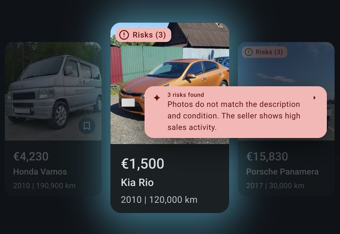 Shifted listing cards: the&nbsp;Kia Rio has 3&nbsp;risks found, and&nbsp;a&nbsp;callout explains that the&nbsp;photos don’t match the&nbsp;description