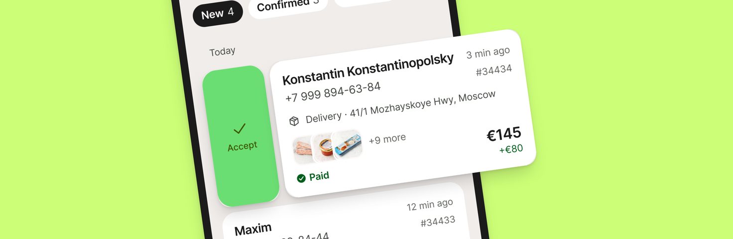 Order list in&nbsp;the&nbsp;Tabrara app: a&nbsp;new €145 order swiped to&nbsp;accept